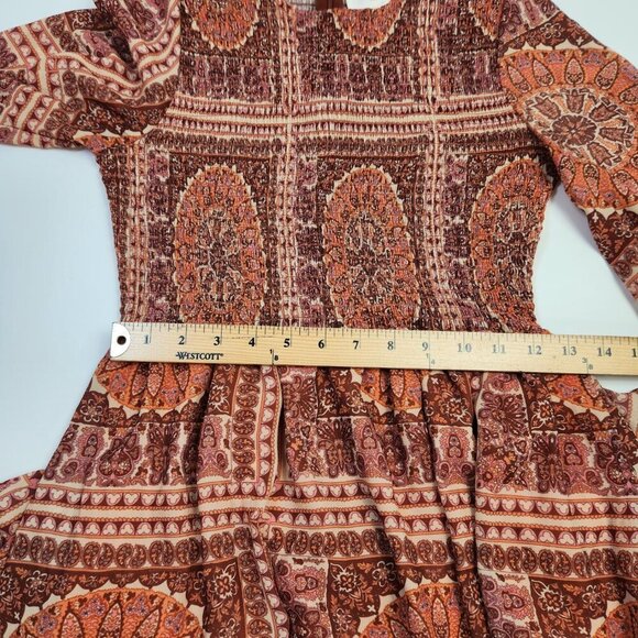 Bohme Kinsley Printed Smocked Tiered Long Sleeve Boho Midi Dress Women's Small - Picture 15 of 16
